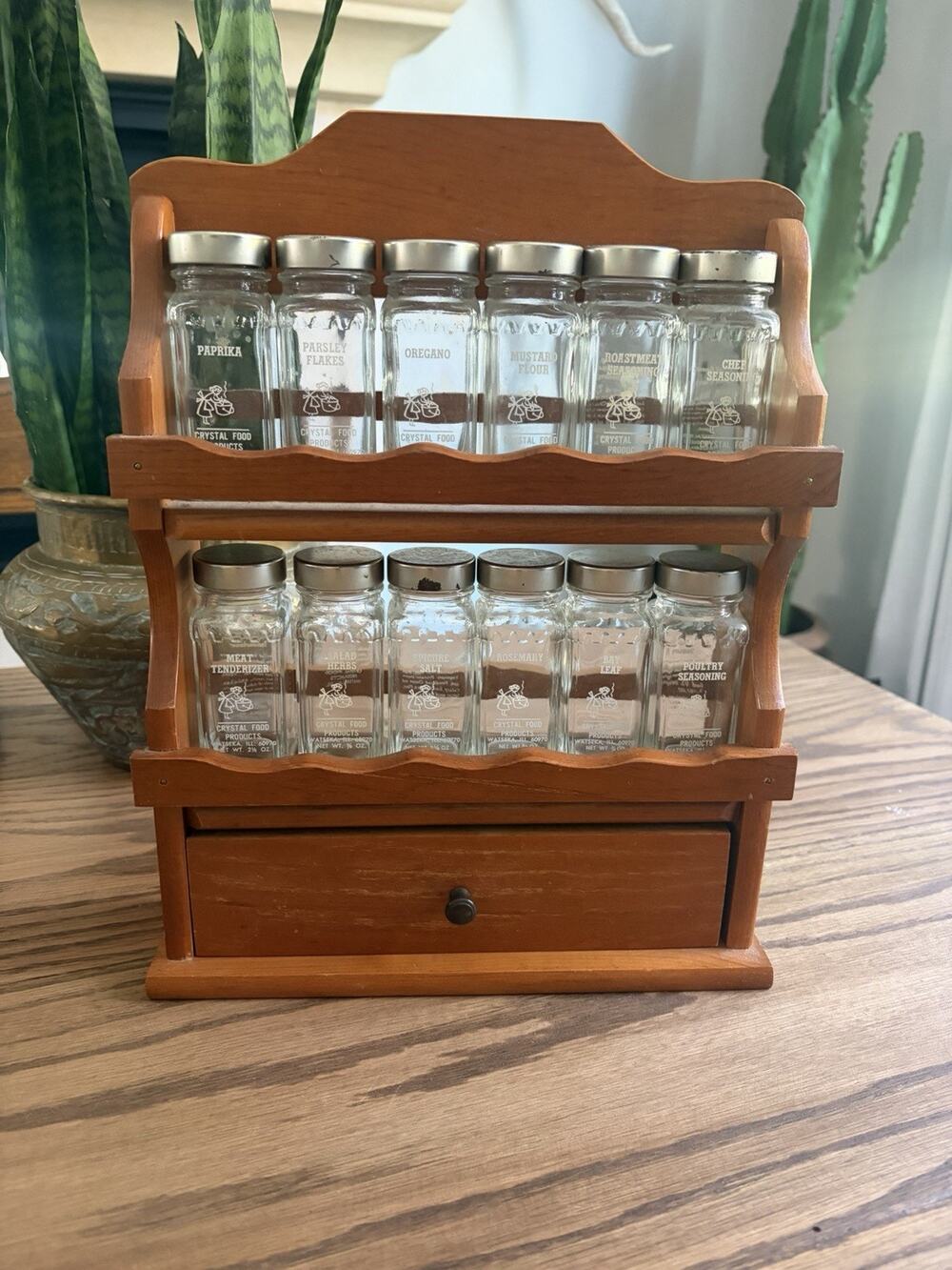 Vintage Midcentury Wood Spice Rack with 12 Glass Jars Wall Hanging Spice Rack